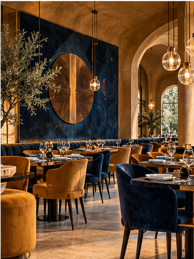 Bold artwork in a warmly layered restaurant lounge
