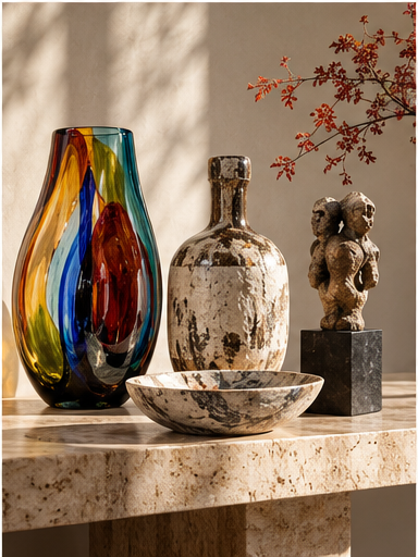 A group of expressive glass and ceramic objects, each with distinct colour and form