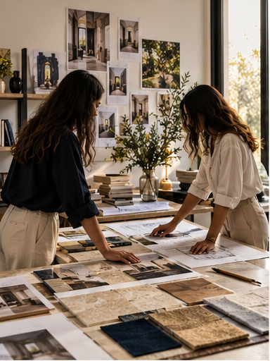 Interior designers reviewing plans and visual references together