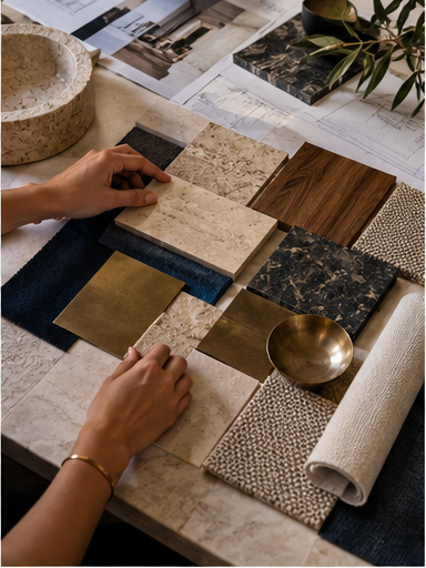 Stone, timber, metal and textile samples considered together