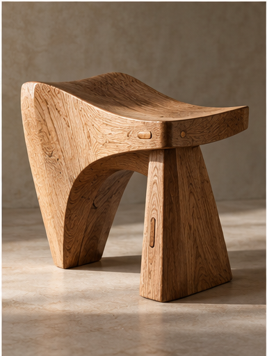 Close view of a sculptural timber chair and richly textured upholstery