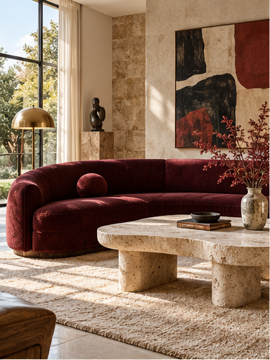 Quietly luxurious living room arranged with sculptural contemporary furniture