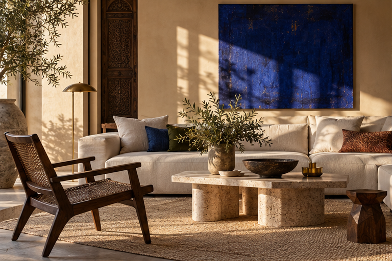 A sunlit living room composed with natural stone, deep blue art and sculptural furniture