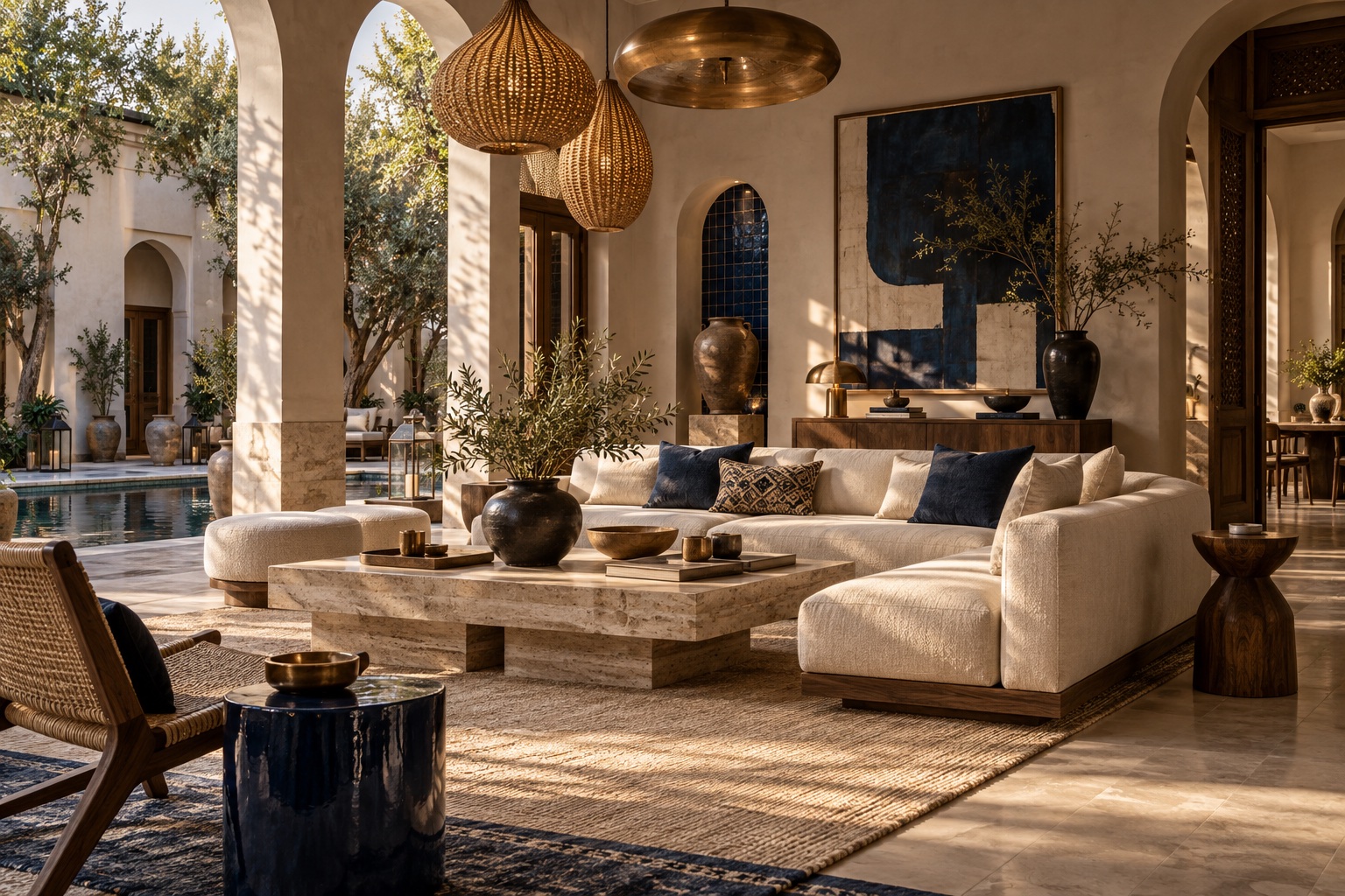 Layered contemporary living room with sculptural lighting, natural materials and art