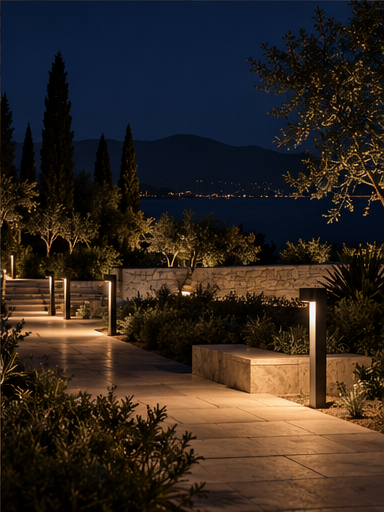 Garden terrace at night with restrained path lighting and surrounding darkness