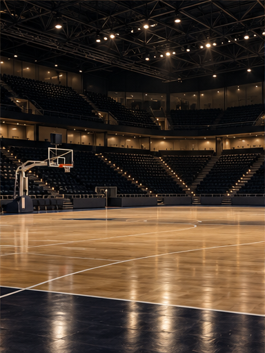 Indoor sports arena with a bright playing surface and darker seating